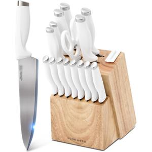Home Hero Kitchen Knife Set with Sharpener - High Carbon Stainless Steel Knife Block Set with Ergonomic Handles (16 Pcs - White)