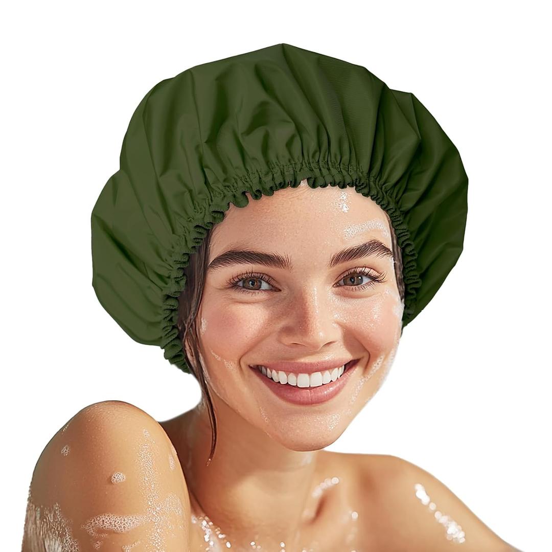 4 x Shower Cap for Women, Double Layer Waterproof Bath Cap, Reusable Hair Protector, Large Waterproof Shower Bonnet Washable Elastic Band Bath Hair Hat for Long Hair, Braids - Dark Green