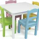 Humble Crew Kids Table and Chair Set, Toddler Activity Table with 4 Chairs for Play, Crafts, Snacks & Learning, Wooden Kids Furniture for Playroom & Bedroom, White/Pastel