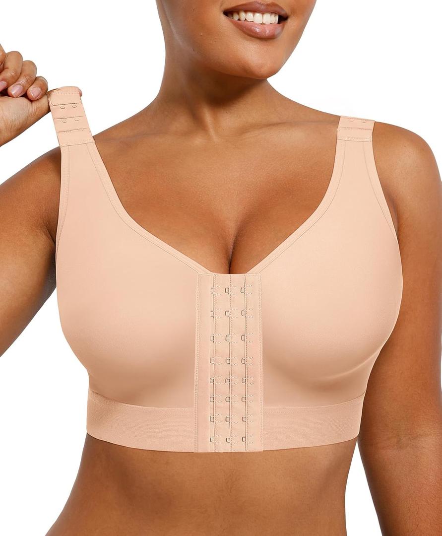 SHAPELLX Post Surgery Bras Front Closure Compression Bra Surgical Wirefree Mastectomy Bra with Adjustable Straps (Medium, Beige)