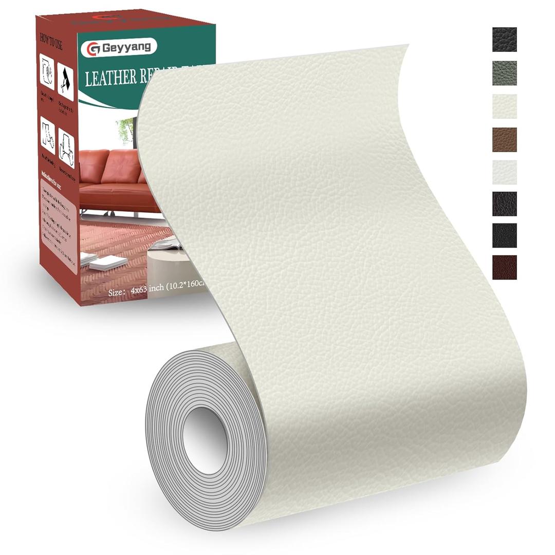 GEYYANG Leather Repair Kit for Furniture, 4 x 63 Inches self Adhesive Leather Repair Tape for Damaged Leather Furniture, Sofa Seating, Leather Goods(Rice White - Litchi Grain)