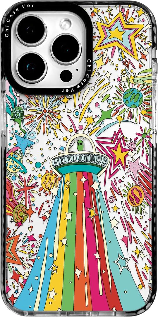 for iPhone 16 Case, Psychedelic UFO Fireworks Pattern with Rainbow Beams, Military-Grade Drop Protection, Cute Cosmic Soft Slim TPU Protective Cover with Camera Protection for Teens