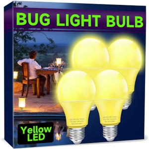 UNILAMP Yellow LED Bug Light Bulbs, A19 Outdoor Yellow Bug Light Bulb, 9W Equivalent 60W, Yellow Bug Light Bulbs for Outside, E26 Base for Porch, Holiday Party Decoration, Non-Dimmable, 4 Pack
