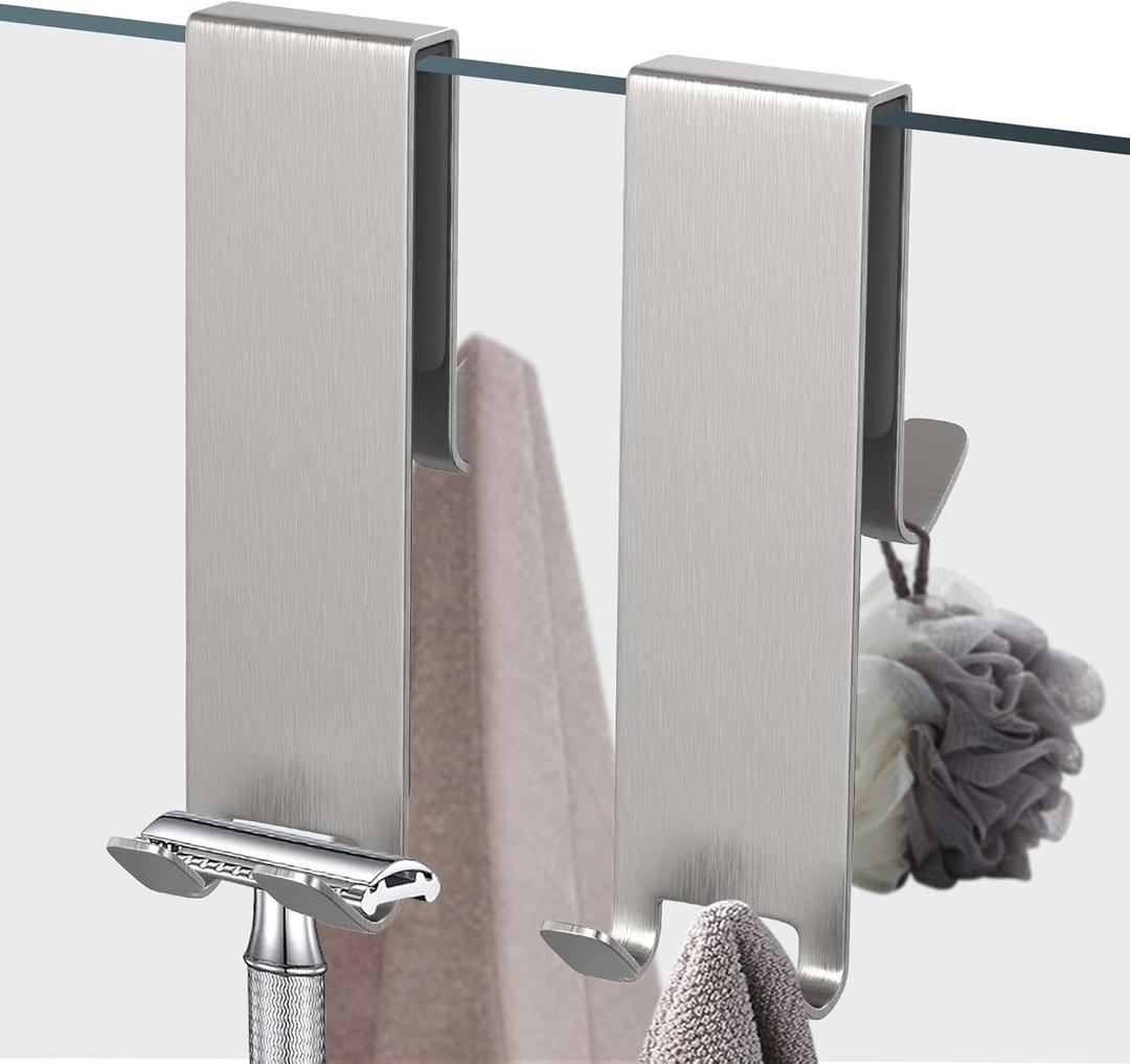 Shower Door Hook, Extended Length Double-Sided Hook for Frameless Shower Doors (7 Inch), Heavy-Duty Stainless Steel Hook for Bathrobes and Towels, No Drilling or Adhesive Required, 2-Pack, Silver