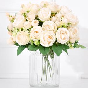Fake Roses Artificial Flowers, 10 Pack Rose Fake Flowers for Decoration, Real Touch Champagne Roses Bouquets Silk Flowers for Vase Centerpiece Table Wedding Party Bridal DIY Decor