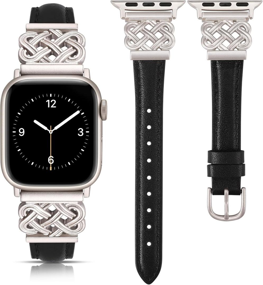 TOYOUTHS Leather Band Compatible with Apple Watch Bands Women 38/40/41/42mm Dressy Slim Thin Leather Strap with Designer Interlock Buckle for iWatch Series 10/9/SE/8/7/6/5/4/3/2/1, Black+Starlight