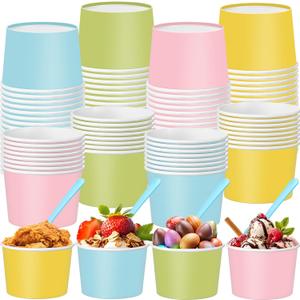Teenyyou 48 Pcs Pastel Ice Cream Bowls with Spoons 9 oz Disposable Paper Treat Snack Soup Cups for Cold Drink Food Summer Party Favor Supplies
