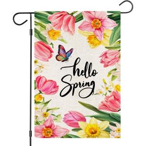 Hello Spring Tulips Daffodils Garden Flag 12x18 Inch Double Sided Outside, Small Burlap Floral Butterfly Seasonal Yard Outdoor Flag