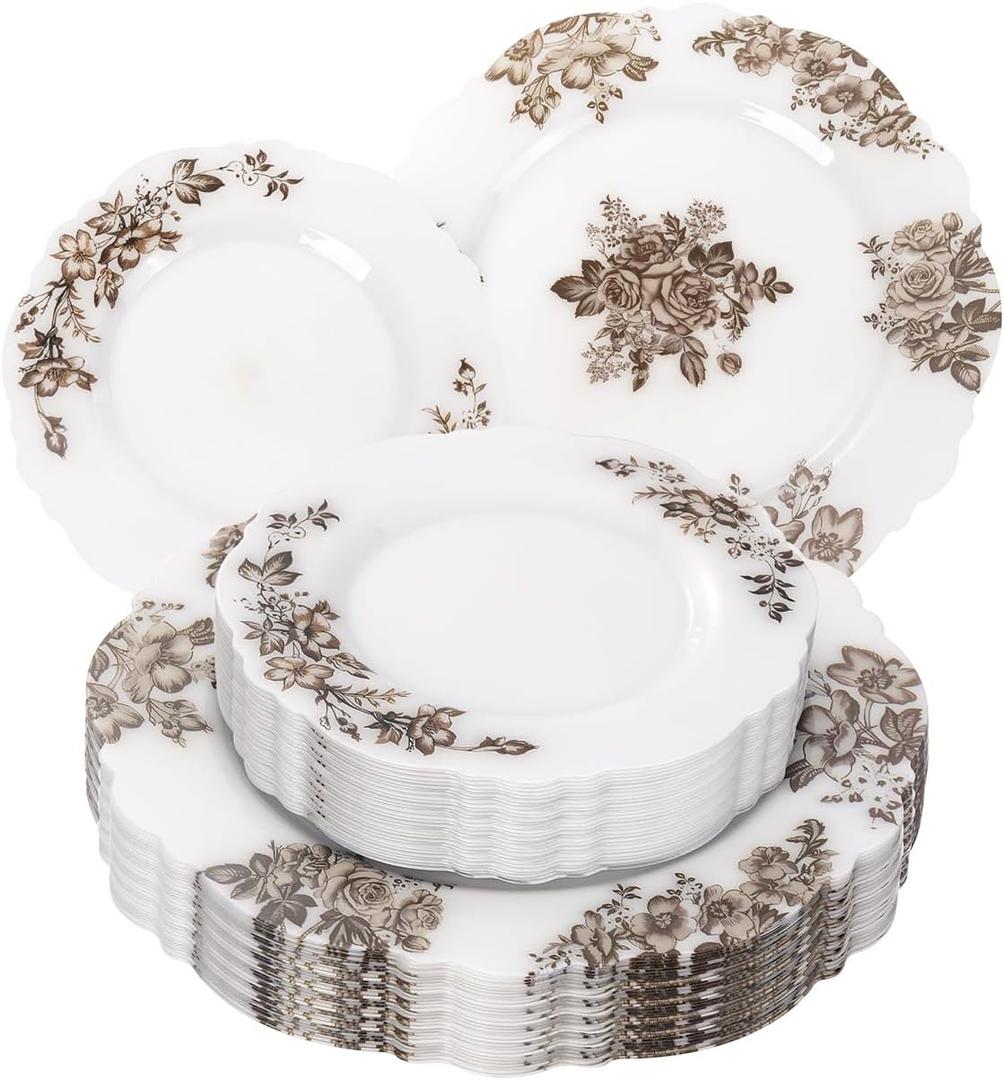 WDF 20PCS Brown Plastic Plates - Baroque White and Brown Floral Plates - Floral Party Decorations for Birthdays/Tea Party/Showers