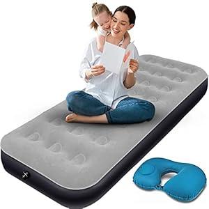 Camping Air Mattress Air Bed with Inflatable U-Shaped Pillow Single Air Mattress Blow Up Bed Thicken Air Mattresses Sleeping Pad for Camping Tent Car Travel Home Office ( Grey)