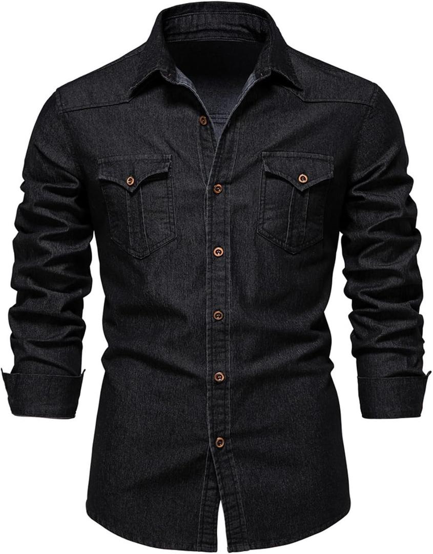 Kissonic Men's Denim Shirt Long Sleeve Button Down Shirt Lapel Jean Shirt Worn Washed Denim Shirts with Chest Pockets (X-Large, Black)