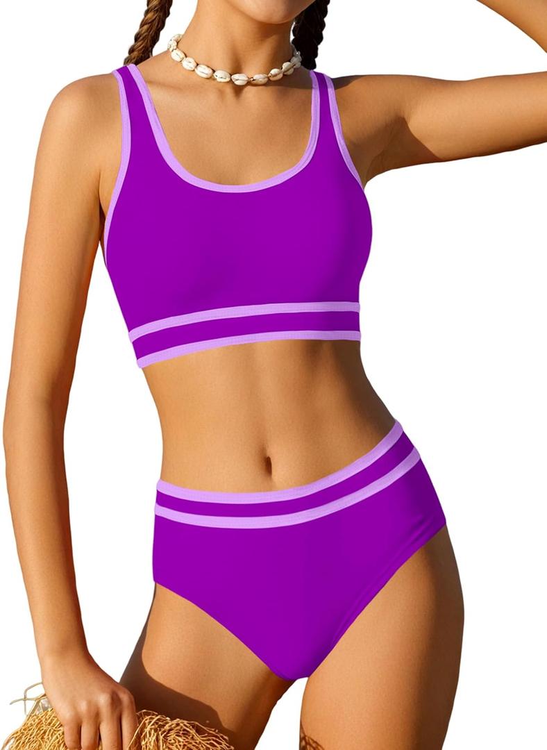 Girls Swimsuit Double Strap High Waist Sporty Bikini Swimsuits Swim Cover Up Skirt 3 Piece Set (15-16 Years, Dark Purple)