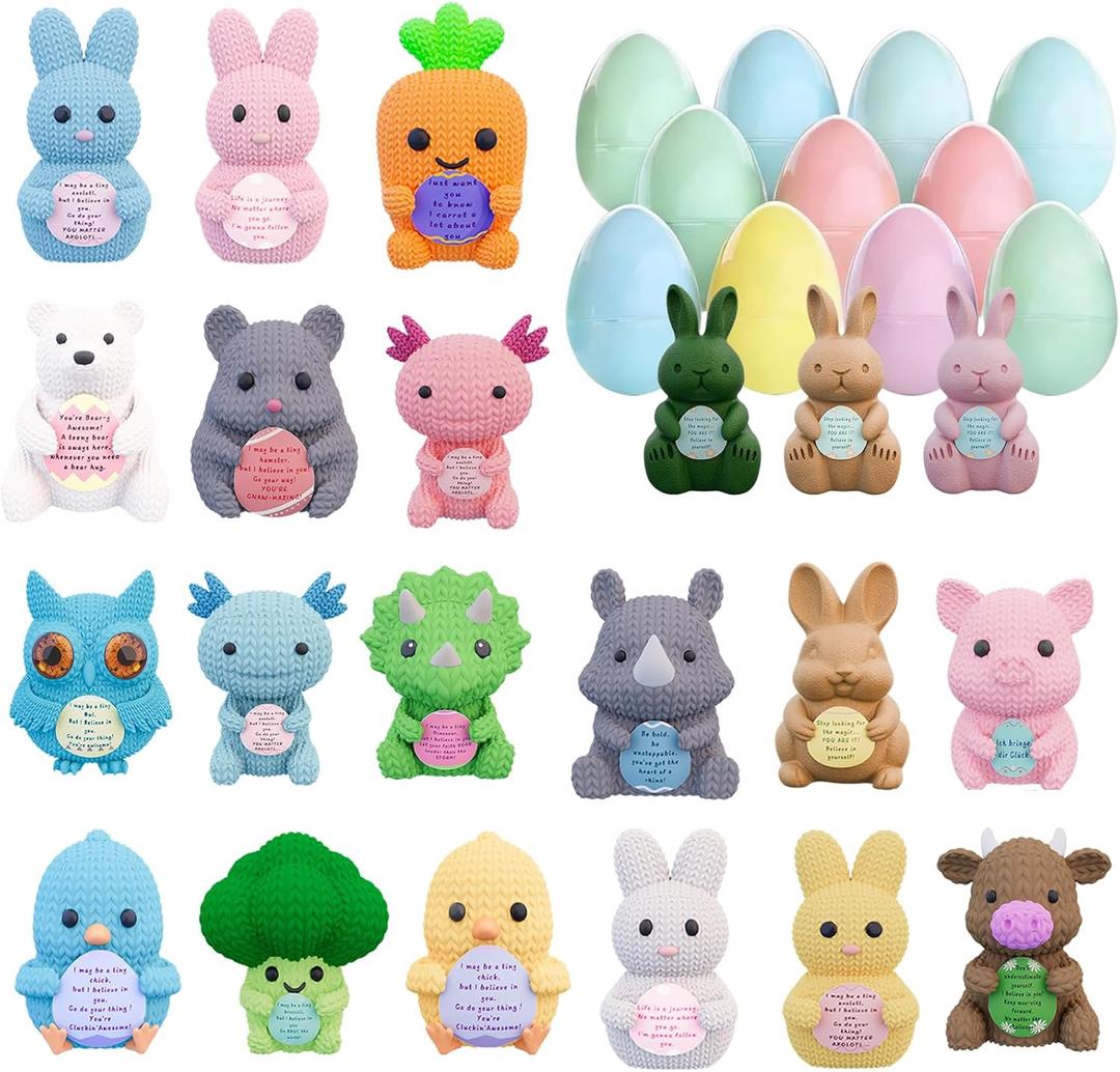 24 Pack Prefilled Easter Eggs with 3D Printed Knitted Animals  Amigurumi Style Figurines Positive Cardfor Egg Hunt Easter Party Favors for Kids Boys Girls Easter Basket Stuffers Party Favors