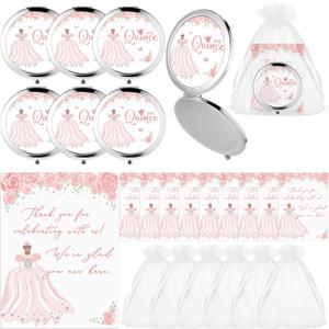 Menkxi 24 Sets Quinceanera Party Favors for Guests Mis Quince Compact Pocket Mirrors and Quinceanera Cards with Organza Bags for 15 Years Sweet Mis Quince Birthday Party Favor (Pink)