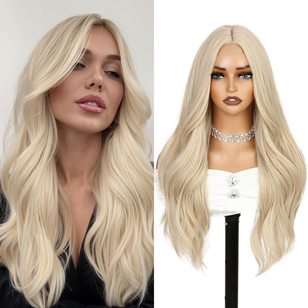 WIGER Mixed Blonde Long Wavy Wigs Middle Part Curly Wavy Layered Wig Glueless TALOS Synthetic Heat Resistant Fiber Wig for Women Cosplay Party Christmas (Blonde)