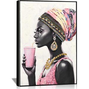 DRLWGTY Framed Wall Art, African Style Elegant Woman Canvas with Handmade Crystals and Gemstones, Large Modern Artwork Ready to Hang for Bedroom Living Room Decor, 36"L x 24"W