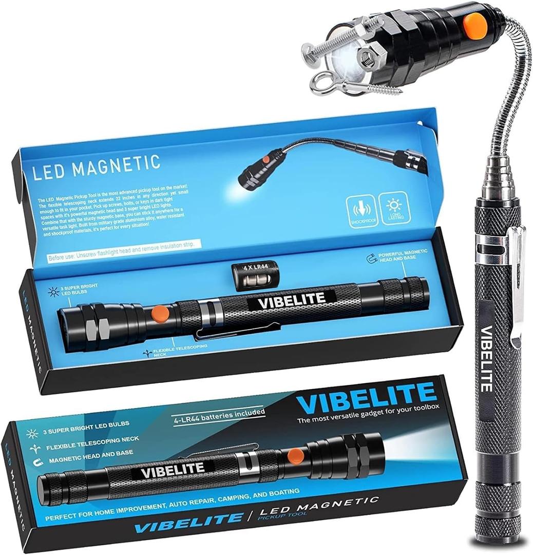 VIBELITE Extendable Magnetic Flashlight with Telescoping Magnet Pickup Tool-Cool Gadget Gifts for Men, Women, Him, Teen Boys, Husband, Dad, Father, Mechanic, Birthday Gifts for Men, Black