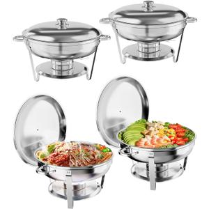 Chafing Dish Buffet Set 4 Pack, 5QT Round Stainless Steel Chafer and Food Warmers with Food & Water Pan, Lid, Frame, Fuel Holder for Catering, Parties, Events, Wedding, Camping, Dinner