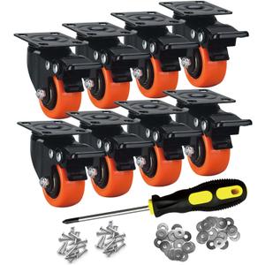 2" Caster Wheels Set of 8, Heavy Duty Casters with Brake, No Noise Locking Casters with Orange Polyurethane (PU) Wheels, Swivel Plate Castors Pack of 8
