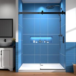 56-60" W  76" H Frameless Shower Door, 1/4" (6mm) Tempered Glass, Sliding Glass Shower Door with Explosion-Proof Film Nano Coating, Stainless Steel Hardware, Matte Black