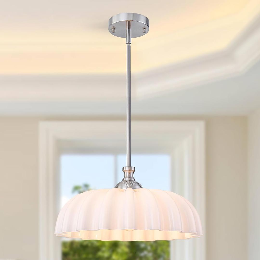 16" Milk Glass Pendant Light Vintage Flower Modern Brushed Nickel Chandelier