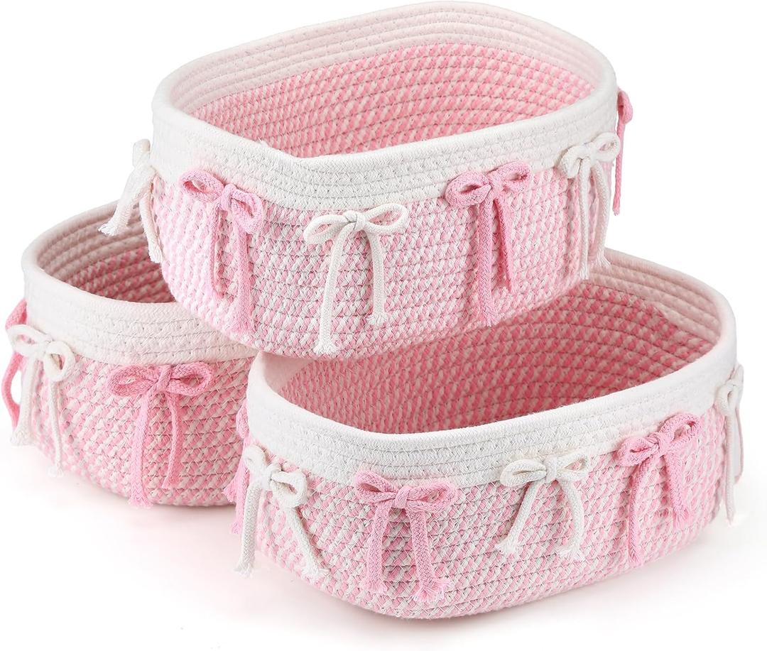 Geelin 3 Pcs Pink Bow Baskets for Gift Coquette Cute Woven Rope Gift Baskets Rectangle Shelf Organizer Laundry Hamper Storage Bins for Closet Bedroom Nursery Toys Organizing, 11.8''x7.8''x4.7''