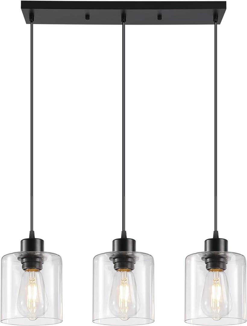 3-Light Pendant Light Fixtures with Clear Glass, Black Hanging Light Fixture for Ceiling, Adjustable Kitchen Island Light for Dinning Room, Bedroom,Hallway, E26 Base, Bulbs Not Included
