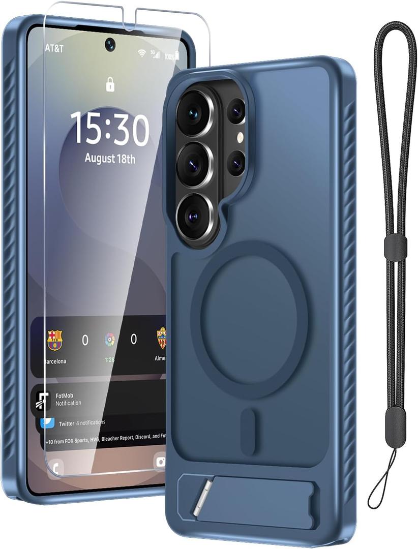 2 x Janmitta Magnetic for Samsung Galaxy S26 Ultra/S25 Ultra Case Built in Invisible Kickstand,with Screen Protector+Wrist Strap,Fit for MagSafe,Translucent Slim Translucent Matte Phone Cover,Navy Blue