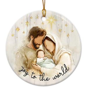 Nativity Christmas Ornament 2025 - Joy to The World Round Ceramic Ornament for Xmas Decor - Holy Family with Baby Jesus Religious Ornaments - Catholic Christian Gift for Family & Friends