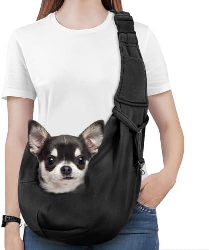 Pawaboo Small Dog Sling Carrier, Reversible Hands Free Dog Sling Carriers for Small Dogs and Cats, Puppy Slings Carrier with Adjustable Strap Buckle & Safety Harness, Puppy Essentials, Black