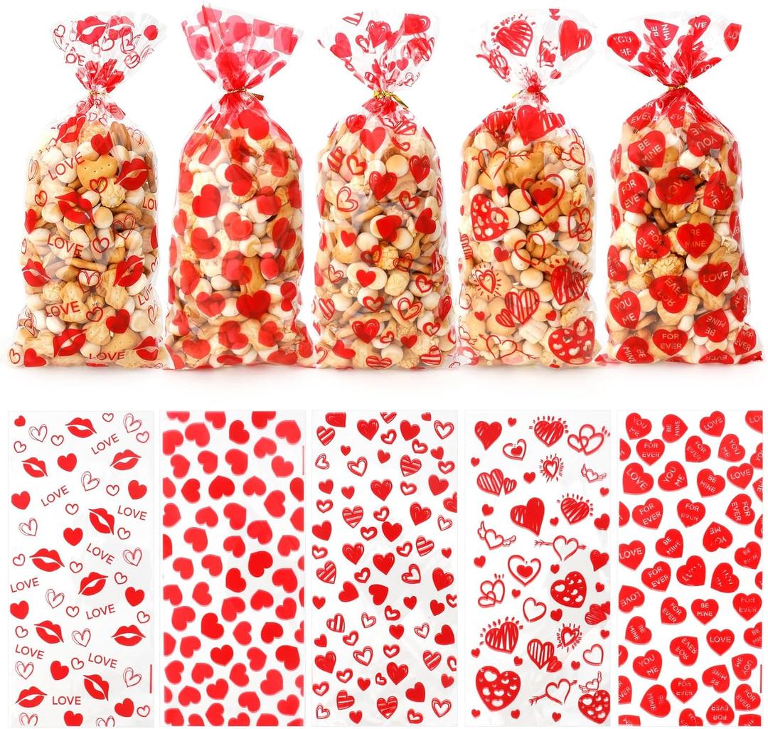 100 PCS Valentines Cellophane Bags(5x11 Inch) with Ties for Candy Goodie Treat Snack Goody Cookie Small Gifts Wrap Plastic Ziplock Bag Baggies Pouch Valentine Galentine Party Favors Supplies Decor