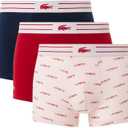 Lacoste Men's Cotton Stretch Lacoste Diagonal Print Trunks, 3-Pack (Large, Navy Blue/Dog Rose/Ladybird Red)