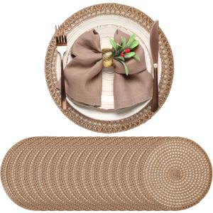 24 Pcs 13 Inch Round Burlap Placemat Boho Jute Woven Charger Bulk Rustic Vintage Natural Brown Heat Resistant Dining Table Mat for Wedding Farmhouse Craft Home Kitchen Summer Party Decoration