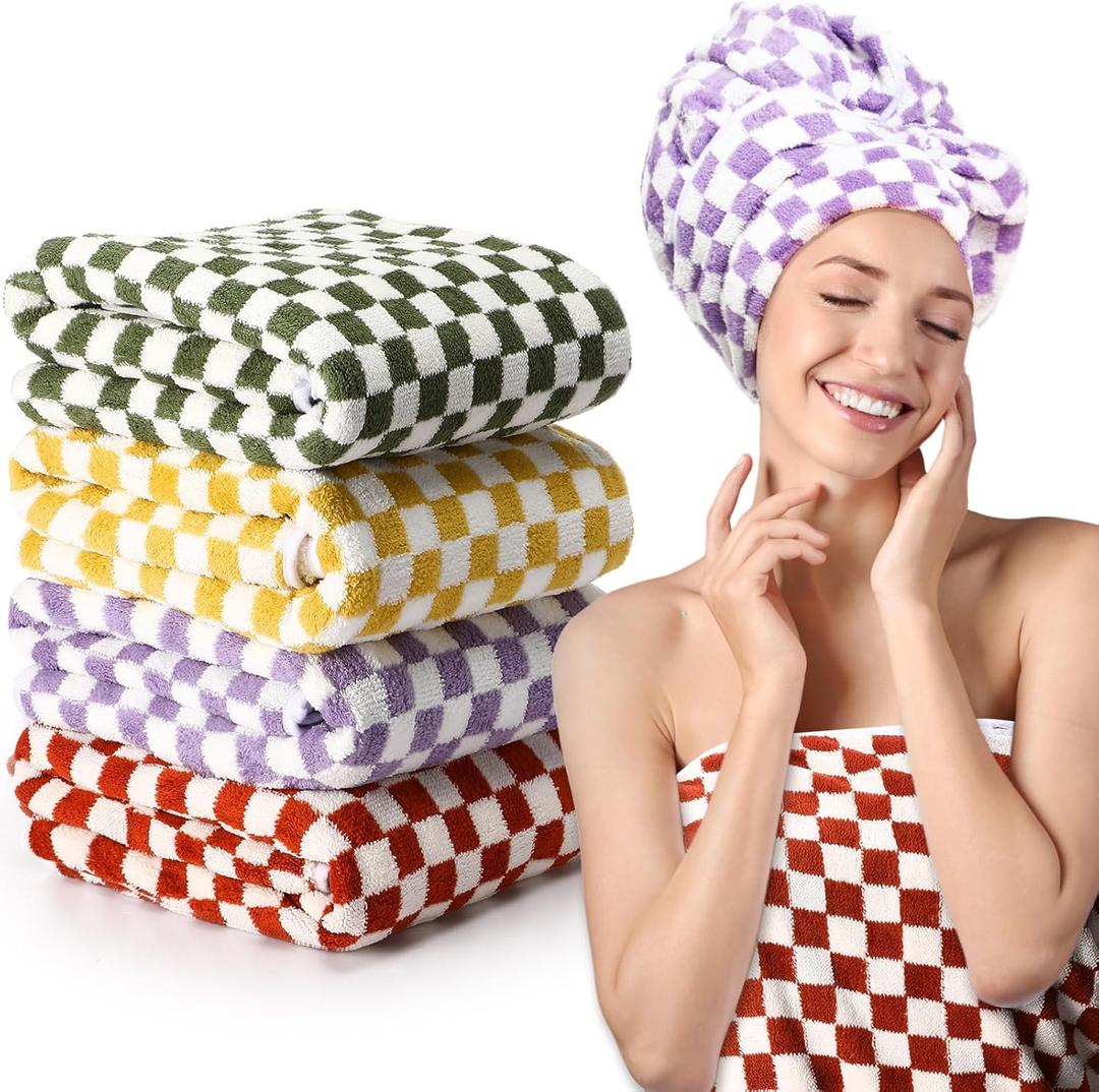 Peryiter 4 Pcs Checkered Bath Towels Check Plaid Soft Absorbent Bathroom Towel Set Body Drying Beach Shower Body, Yellow, Green, Red, Purple (27.56 x 55.12 Inch)