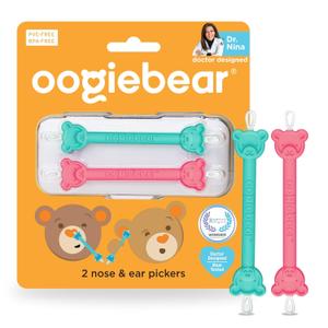 oogiebear: Baby Nose Cleaner & Ear Wax Removal Tool - Safe Booger & Earwax Removal for Newborns, Infants, Toddlers - Dual-Ended - Essential Baby Stuff, Diaper Bag, Raspberry & Seafoam with case (2 Pack)
