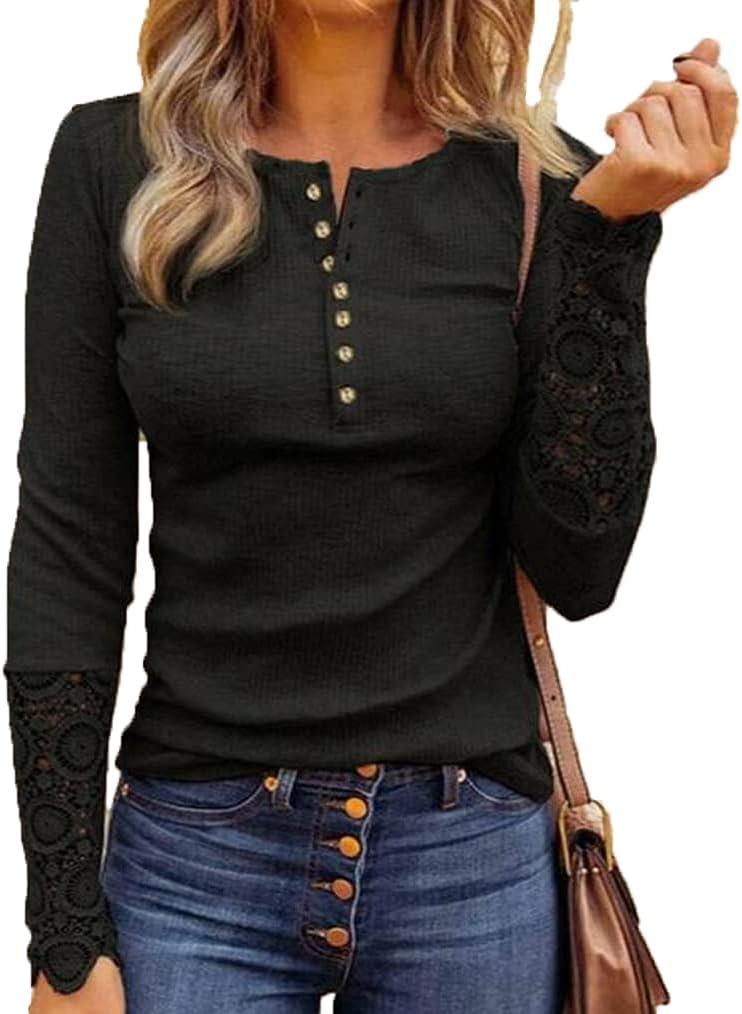 Miselon Womens Long Sleeve Henley Shirts V Neck Lace Button Tops Ribbed Knit Casual Slim Fit Blouse (Black)