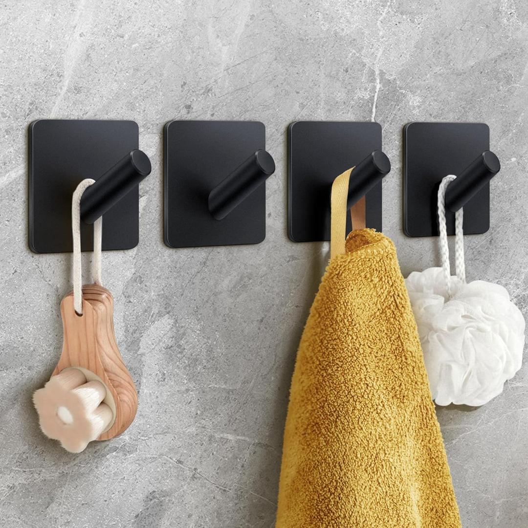 Bath Towel Hooks 4 Pack, Heavy Duty Wall Hooks for Bathrooms/Coat/Robe/Kitchen, Non-Punching self-Adhesive Hooks, Matte Stainless Steel Black Bath Towel Hooks 4 Pack, Heavy Duty Wall Hooks for Bathrooms/Coat/Robe/Kitchen, Non-Punching self-Adhesive Hooks, Matte Stainless Steel Black