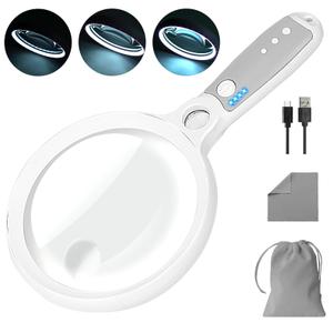 Large Magnifying Glass with 37 LED Light, 10X 20X 45X Handheld Illuminated Lighted Magnifier with 3 Light Modes Rechargeable Magnifying Glass for Seniors Reading, Inspection (White & Grey)