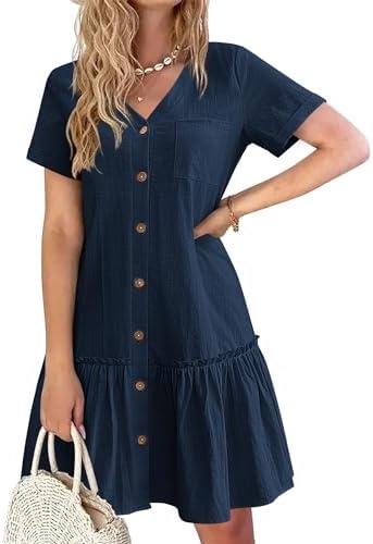 HOTOUCH Women Button Down Dress Loose Summer Cotton Linen Dress Ruffle Hem Casual Dress Short Sleeve Tunic Dress Size M