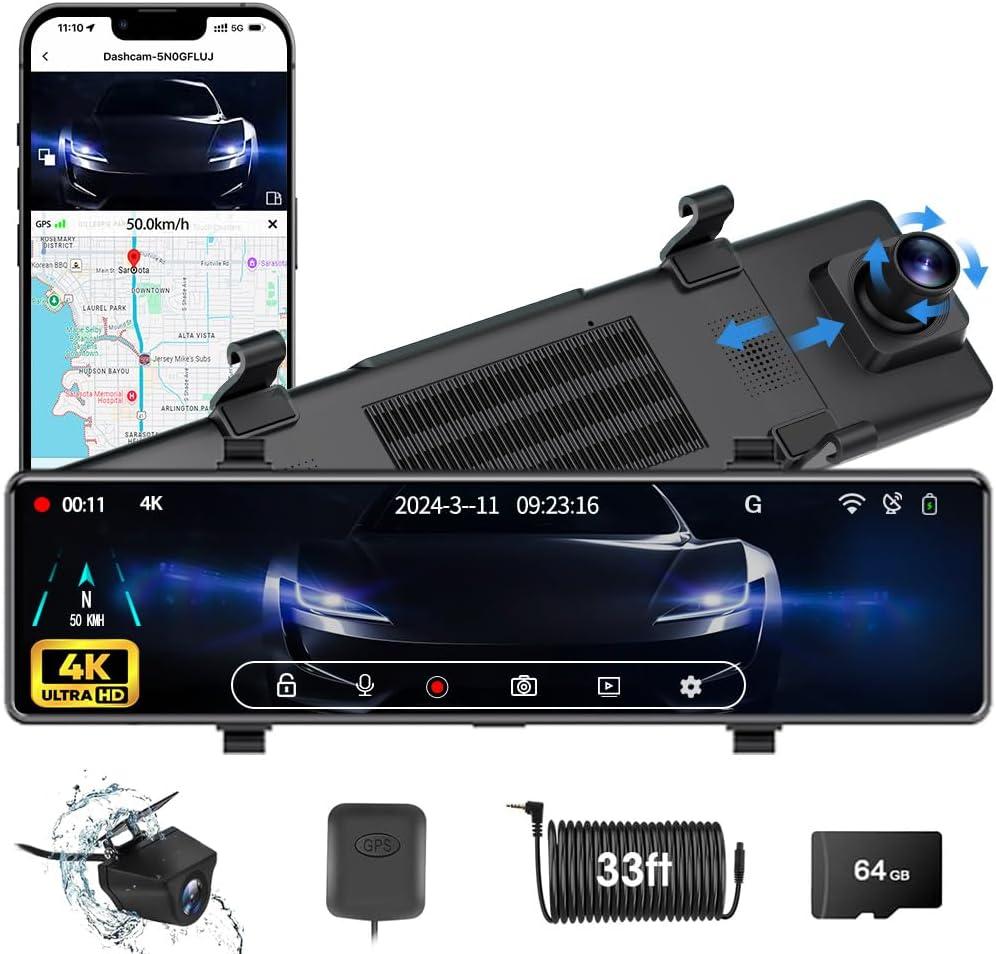 4K Dual Mirror Dash Cam with IMX415, 12" HD Rear View Mirror Dash Camera for Cars, Front and 1080p Rear Backup Camera with WiFi, GPS, Reverse Assist, G-Sensor, Parking Monitor, Free 64GB Card