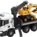 Extra Large Tow Truck Toy, Scania 19 Friction Powered Transport Truck Crane Vehicle Toy with Excavator Toy, Lights and Sounds, Gifts for Toddler Boys Girls