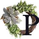 Monogram Initial Letter Wreaths for Front Door with Striped Linen Bow & Fake Green Grass on Grapevine Base Farmhouse Style Rustic Door Decor Spring Summer Green Wreath, P