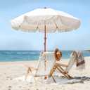 Jihfmo 7.3ft Boho Beach Umbrella with Integrated Sand Anchor & Reinforced 8mm Ribs Heavy Duty Windproof Fringe Patio Umbrella, UPF 50+ Sun Shade with Tilt Mechanism & Carry Bag for Outdoor, Garden, Seaside (Cream/White)