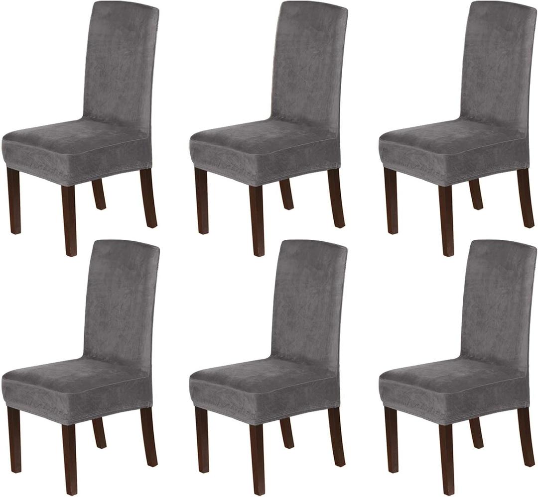 H.VERSAILTEX Velvet Dining Chair Covers Stretch Chair Covers for Dining Room Set of 6 Parson Chair Slipcovers Chair Protectors Covers Dining, Soft Thick Solid Velvet Fabric Washable, Grey