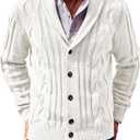 Runcati Mens Cable Knit Cardigan Sweater Shawl Collar Casual Button Down Long Sleeve Sweaters White M