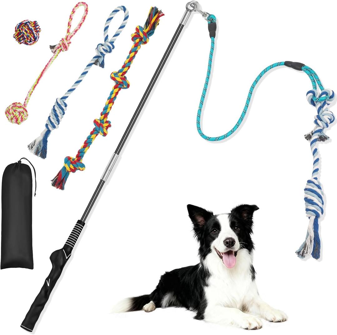 Flirt Pole for Dogs with 4 Rope Chew Toys, Dog Flirt Pole with Carry Bag for Outdoor Training and Exercise, Detachable Teaser Wand for Small, Medium Dogs