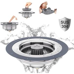 3 in 1 Universal Kitchen Sink Drain Strainer Stopper–304 Stainless Steel & Silicone Anti-Clog Basket,3-Layer Leak-Proof Ring for 3.5”US Standard Drains,Easy-Clean,Odor Isolation,No Installation