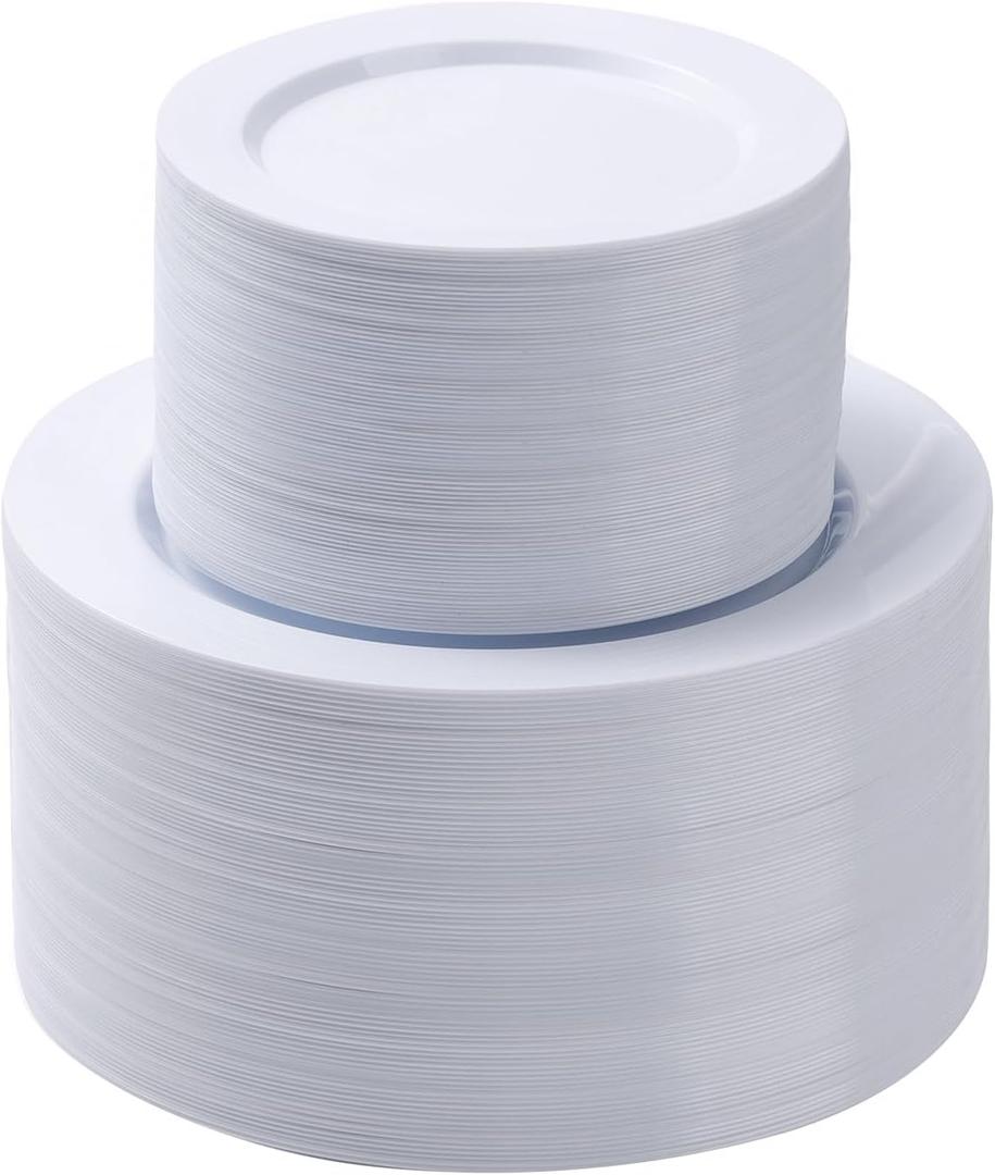 BESTSTAR 200PCS White Plastic Plates Set, 100 10.25 inch Dinner Plate and 100 7.5 inch Dessert Plates, Premium Disposable Plates for Party, Wedding