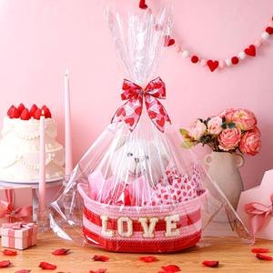 Pickmesh Valentine's Day Gift Basket Small Woven Basket with Gift Bags Tissue Paper Love Letters Bow Knot Clear Cellophane Bags Tags for Valentines Day Holiday Birthday Party Supplies