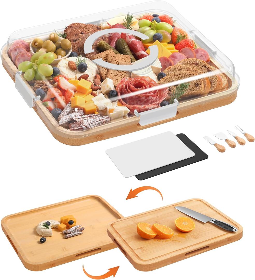 Charcuterie Board with Clear Lid, 2 Side Large Bamboo Cheese & Cutting Board for Entertaining, Includes 2 Plastic Cutting Mats & 4 Cheese Knives, Charcuterie gift ideas, Picnic Accessories